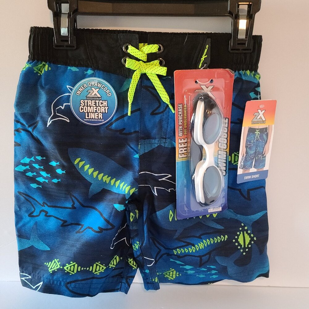 ZEROXPOSUR SWIM SHORTS & GOGGLES-UPF50+-TEAL SHARK MOTIF-SIZE 6/7